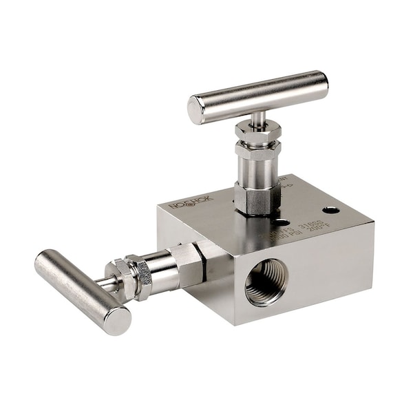 2 Valve Manifold, Hard Seat, 1/2 NPT Female x 1/2 NPT Female, 316 SS, 0.187" Orifice, Grafoil Packing, Carbide Ball Tip
